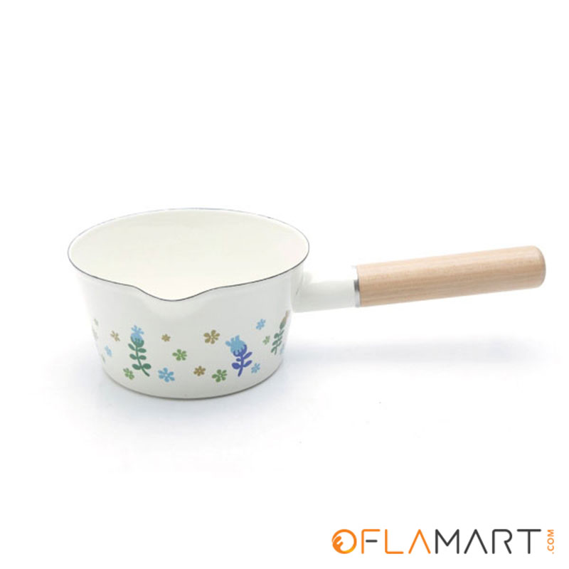 ENAMEL MILK POT 15CM WOODEN HANDLE