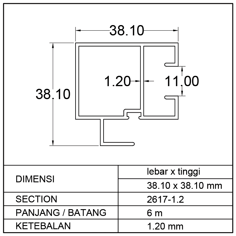 TIANG KUPING SLIDING DOOR (38.10 x 38.10)mm